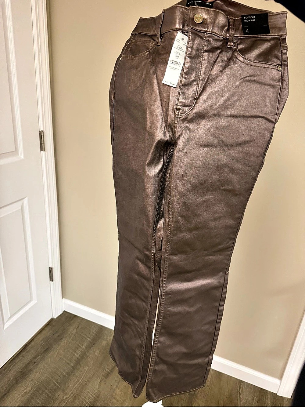 White House, black market, high-rise, gold tone coated denim